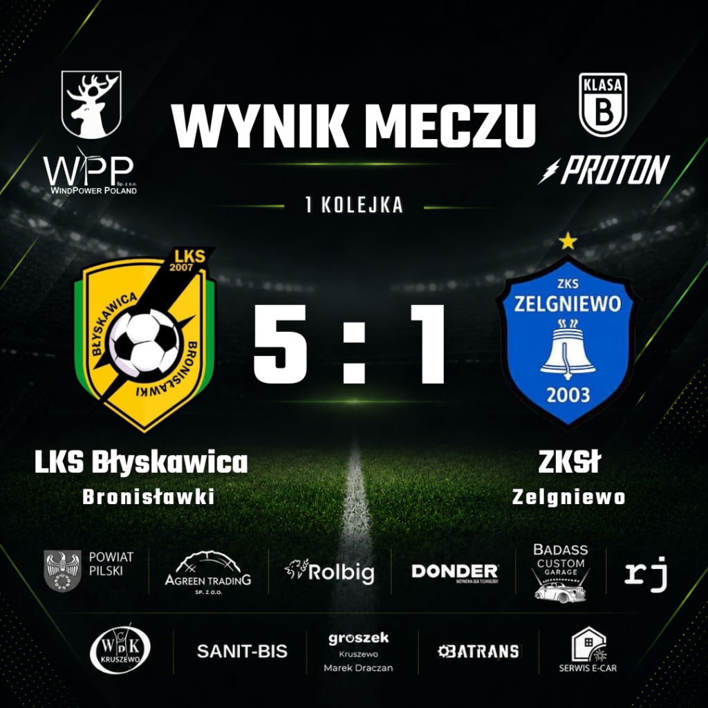 Wynik meczu 3. kolejki Klasy B Proton. LKS Błyskawica Bronisławki 5:1 ZKS Zelgniewo, sobota 5 września 2026