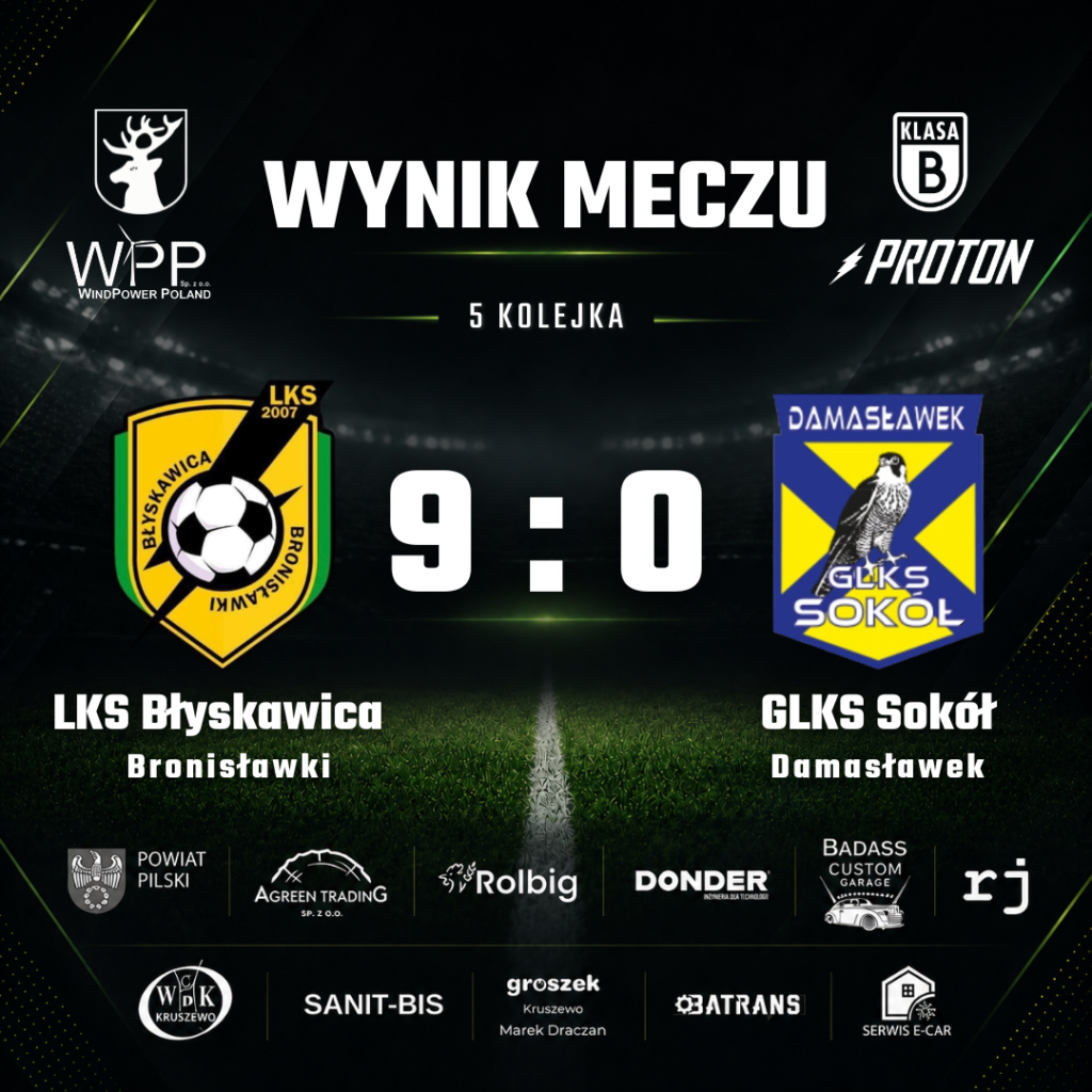 Błyskawica Bronisławki 9:0 Sokół Damasławek, 5. kolejka Klasy B Proton, 19 września 2026.