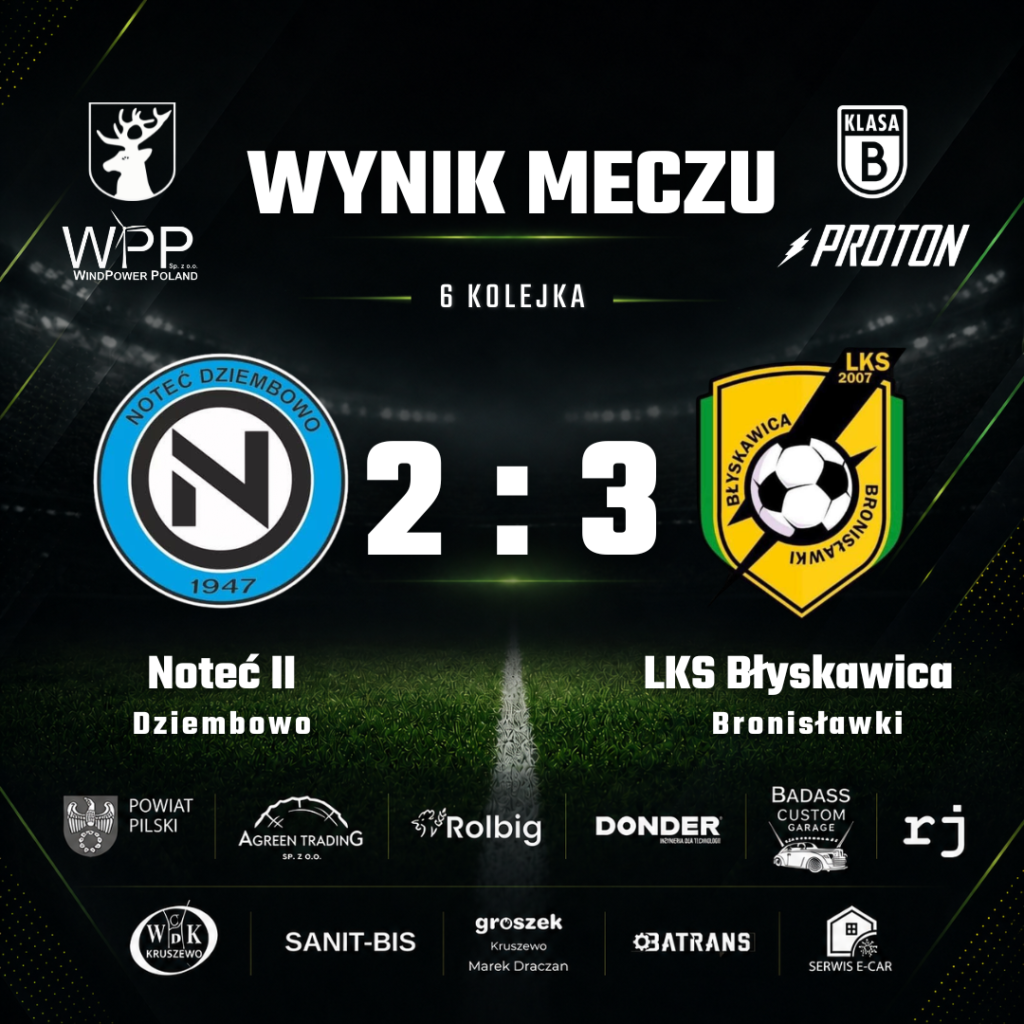 Noteć Dziembowo II 2:3 LKS Błyskawica Bronisławki, mecz 6. kolejki Klasy B, 27 września 2026.