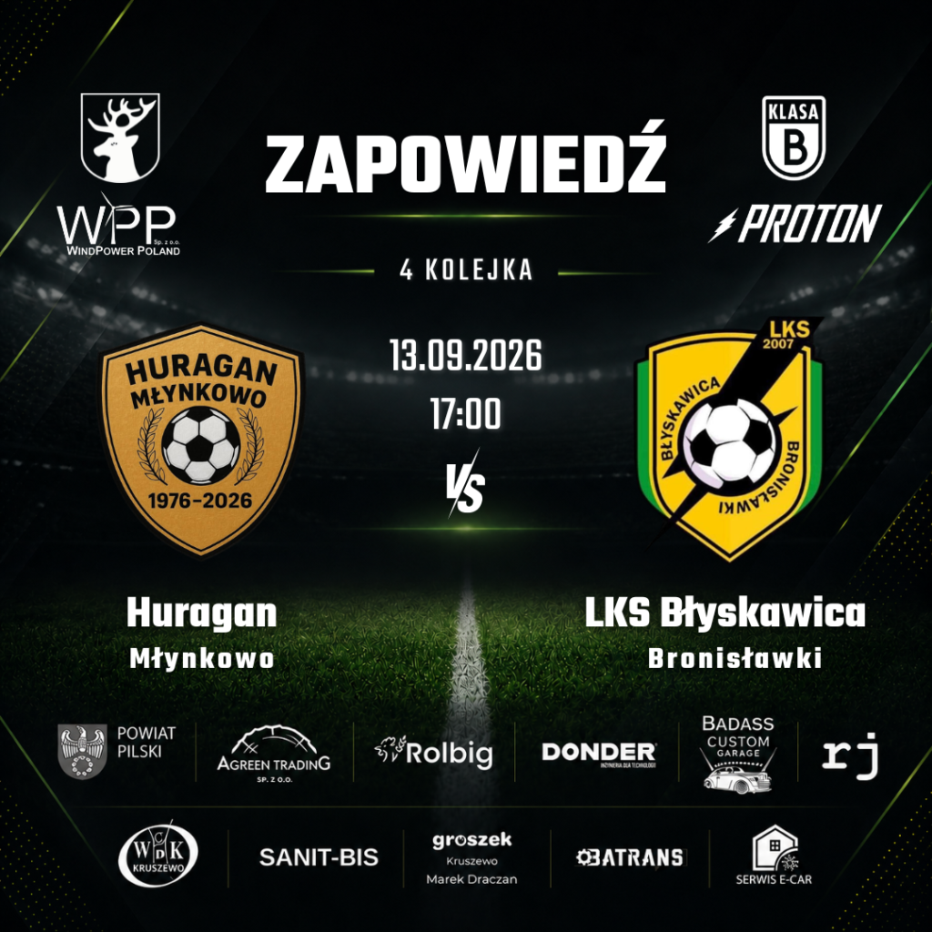 Huragan Młynkowo kontra Błyskawica Bronisławki, 4. kolejka Klasy B, niedziela 13 września 2026, godzina 17:00.