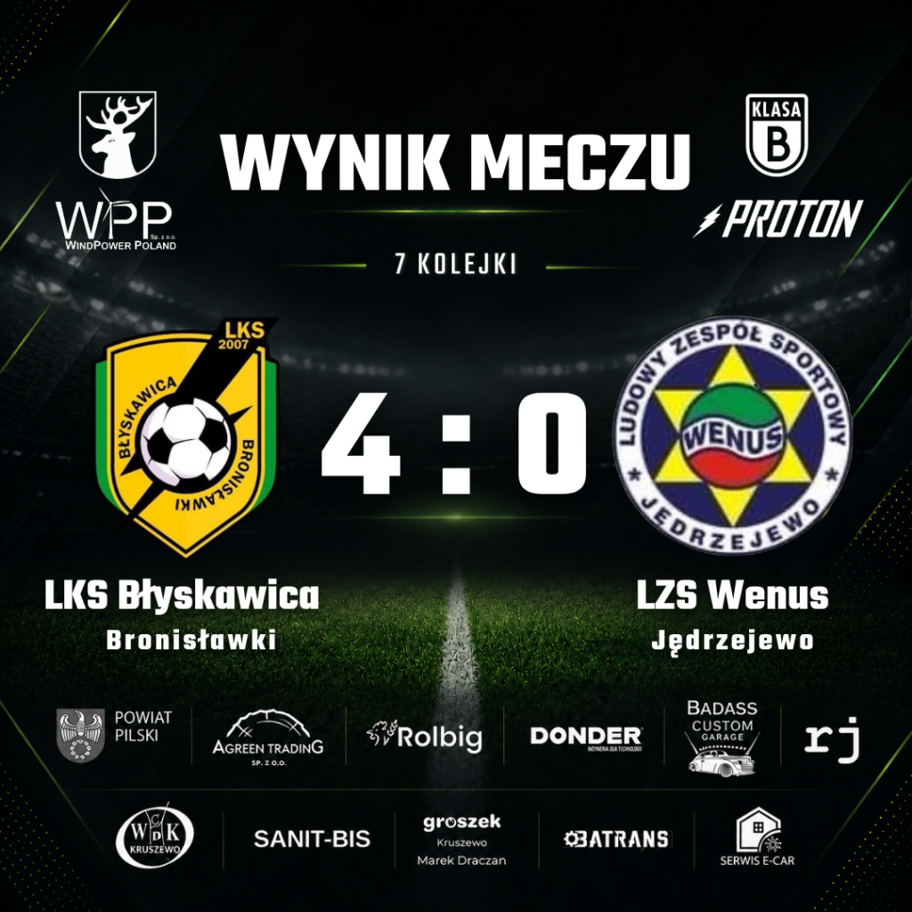 LKS Błyskawica Bronisławki 4:0 Wenus Jędrzejewo, 7. kolejka Klasy B Proton, 4 października 2026.