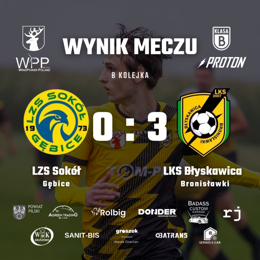Sokół Gębice 0:3 Błyskawica Bronisławki, wynik meczu 8. kolejki Klasy B Proton rozegranego 11 października 2026.